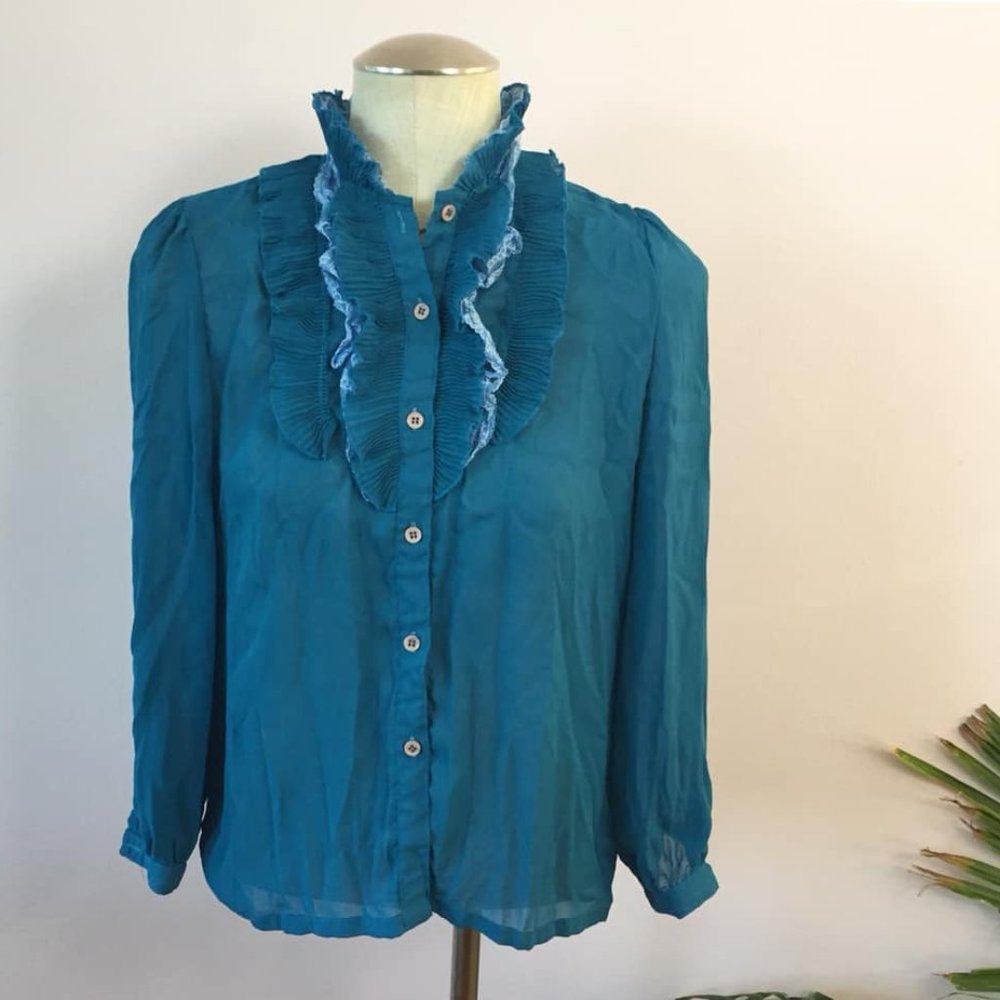 Vintage Teal Chiffon Tuxedo Ruffle Blouse (XS-M)